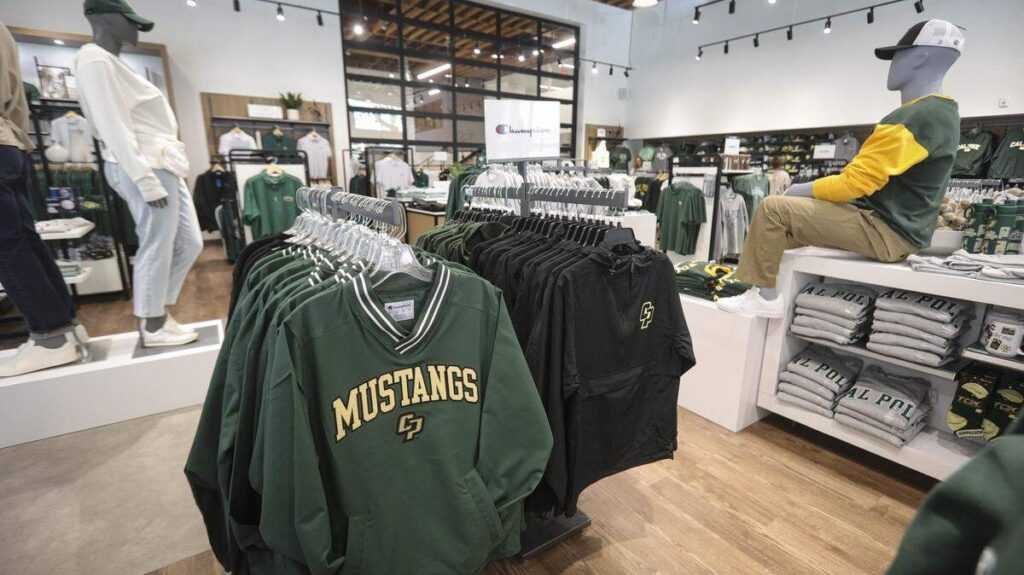 Picture of inside the store, featuring cut Cal Poly merch.