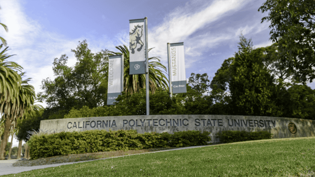 California Polytechnic State University entrance sign on the Cal Poly campus in San Luis Obispo.