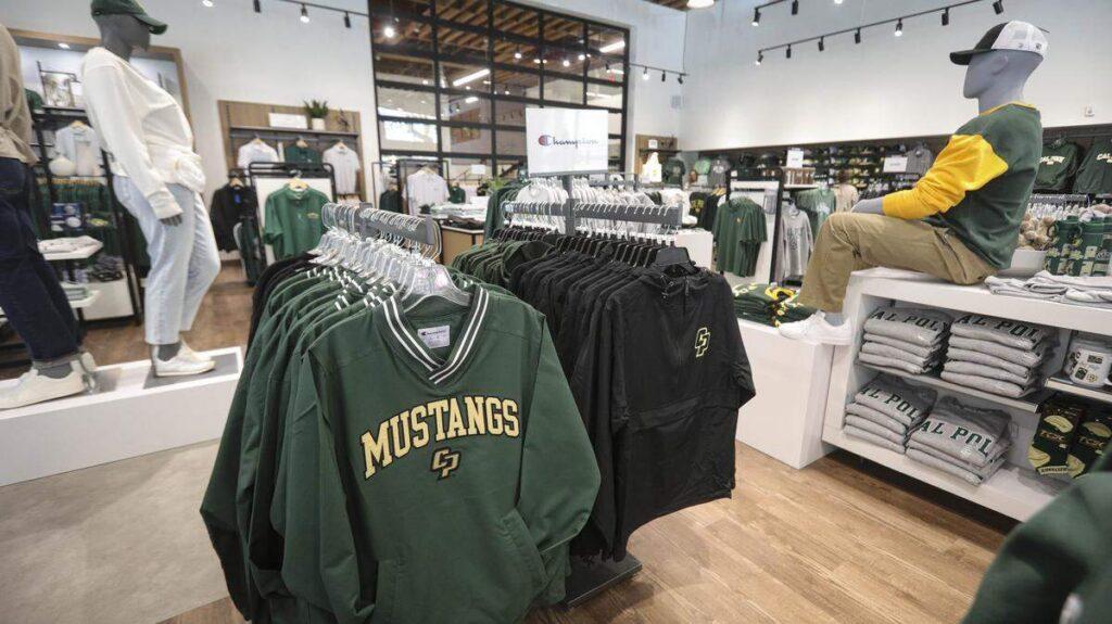 Picture of inside the store, featuring cut Cal Poly merch.