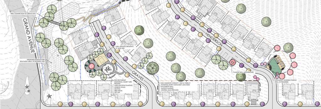 Illustrated site plan of a residential development showing roads, housing units, landscaping, recreational areas, and community features labeled with names like Graves and Henderson.