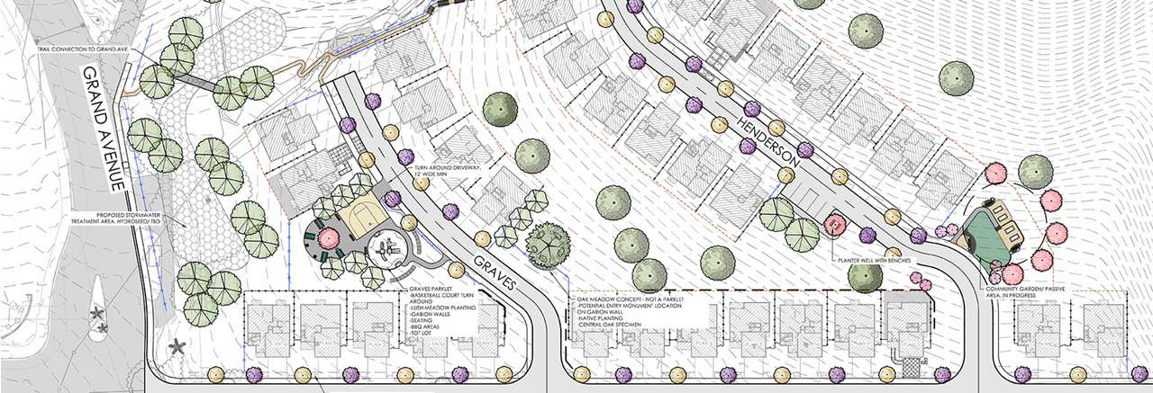 Illustrated site plan of a residential development showing roads, housing units, landscaping, recreational areas, and community features labeled with names like Graves and Henderson.