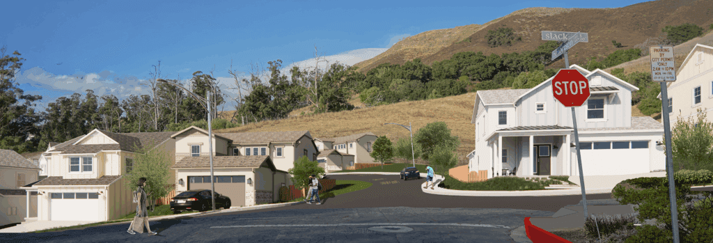 Street-level view of a suburban neighborhood on a hillside, featuring modern two-story homes, pedestrians walking, a stop sign, and a city permit parking sign.