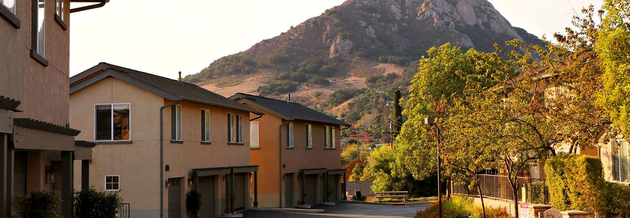 Residential townhomes with garages line a quiet street surrounded by trees, with a large mountain rising in the background under warm evening light.