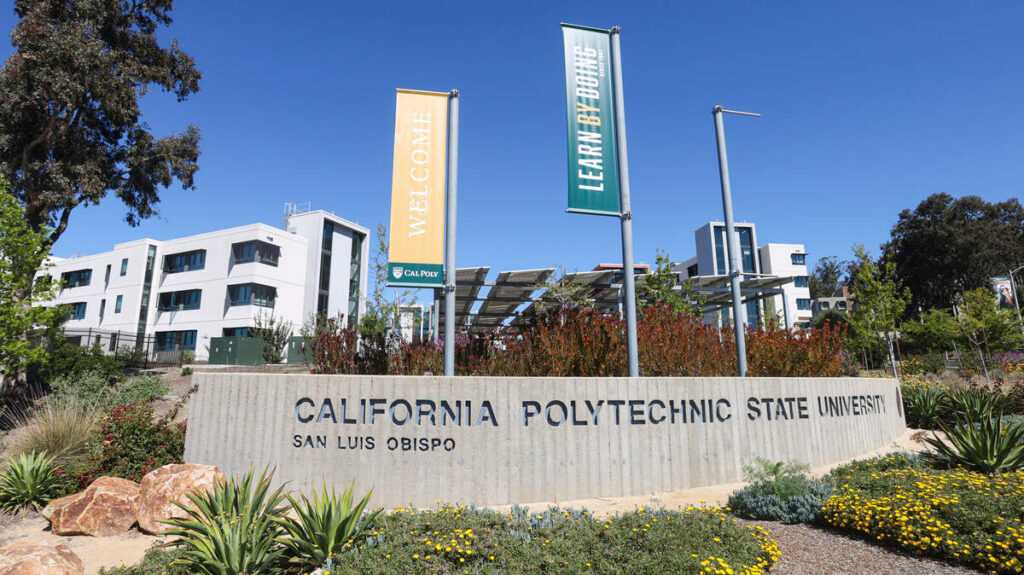 California Polytechnic State University entrance sign on the Cal Poly campus in San Luis Obispo.