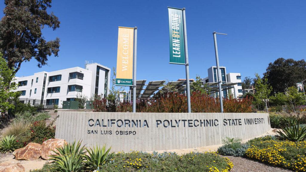 California Polytechnic State University entrance sign on the Cal Poly campus in San Luis Obispo.